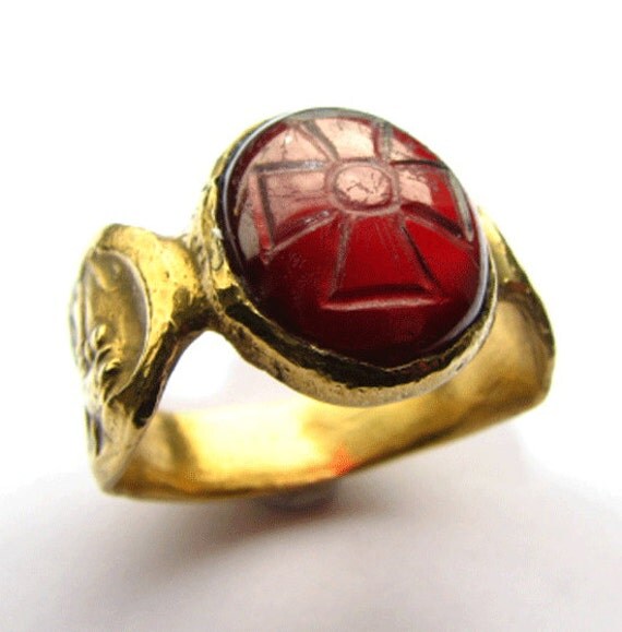 Unique Gilt Medieval Style Crusader Ring with Garnet by Timeslide