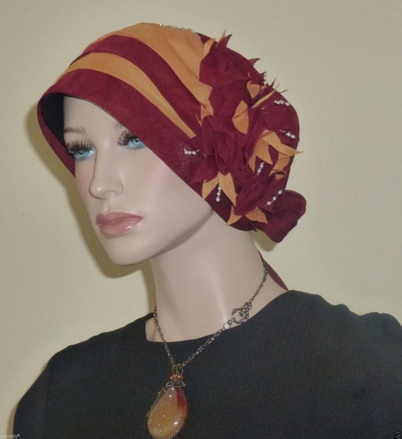 A Maroon and Gold Elegant Chiffon Hijab Turban Chemo bonnet