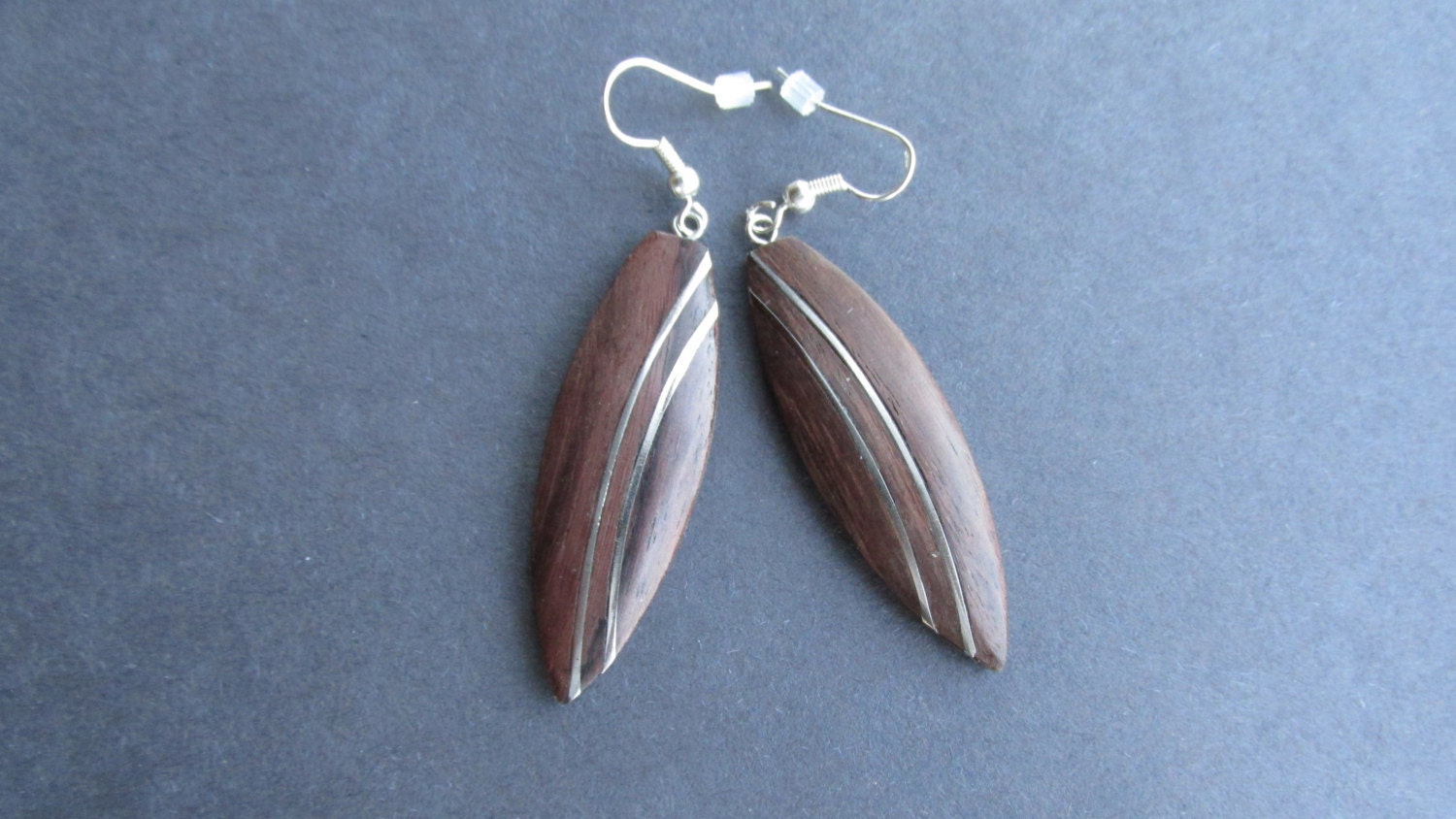 ECO Wood & Silver Inlay Earrings Pierced Dangle by IsleOfCraftin