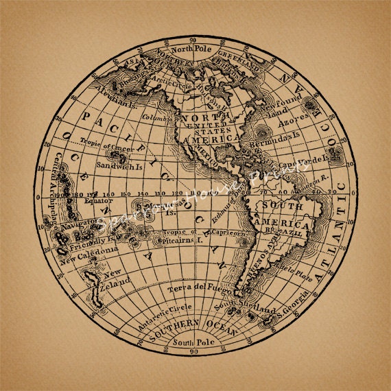 Items similar to Vintage Art Earth Globe Map Art Western Hemisphere ...