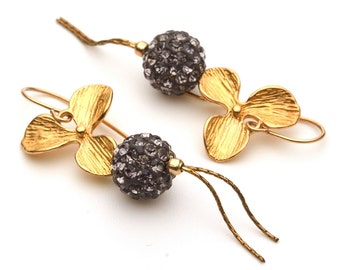 Jewelry Earrings Dangle earrings Gold filled earrings Vermeil earrings Black-grey earrings Twinkling earrings