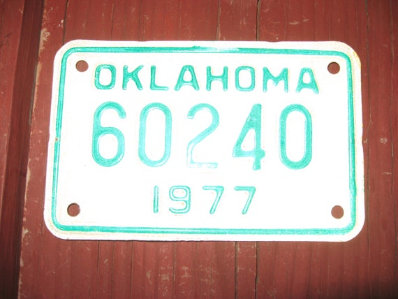 1977 Oklahoma Motorcycle License Plate- Like New Condition- Excellent