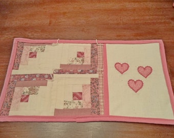 Pink Three Hearts Log Cabin Mug Rug - Snack Mat - Candle Mat