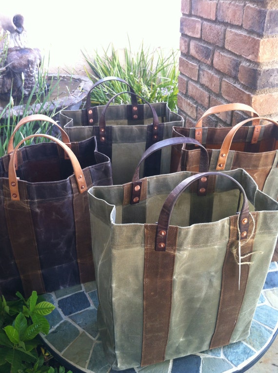 waxed canvas market grocery bags set of 4 reusable green made
