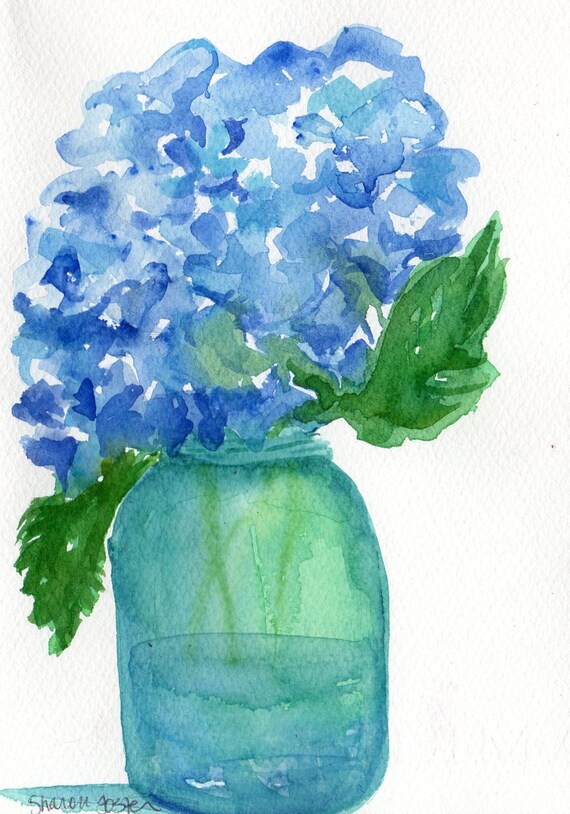  hydrangeas in Aqua Ball Mason jar, Hydrangea Artwork, floral art