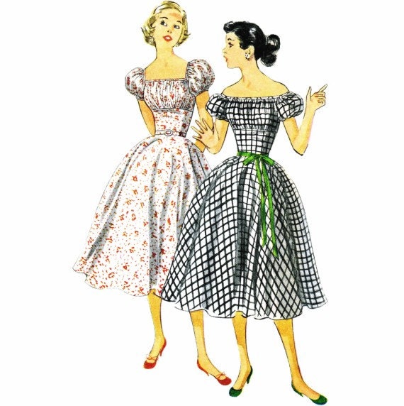 1950s Off Shoulder Puff Sleeve Dress Pattern 50s by patternshop