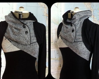 Light black sweater with cowl and color block detail. Thumbhole sleeves, elbow patches. Made to order, custom sized, plus size cowl sweater.