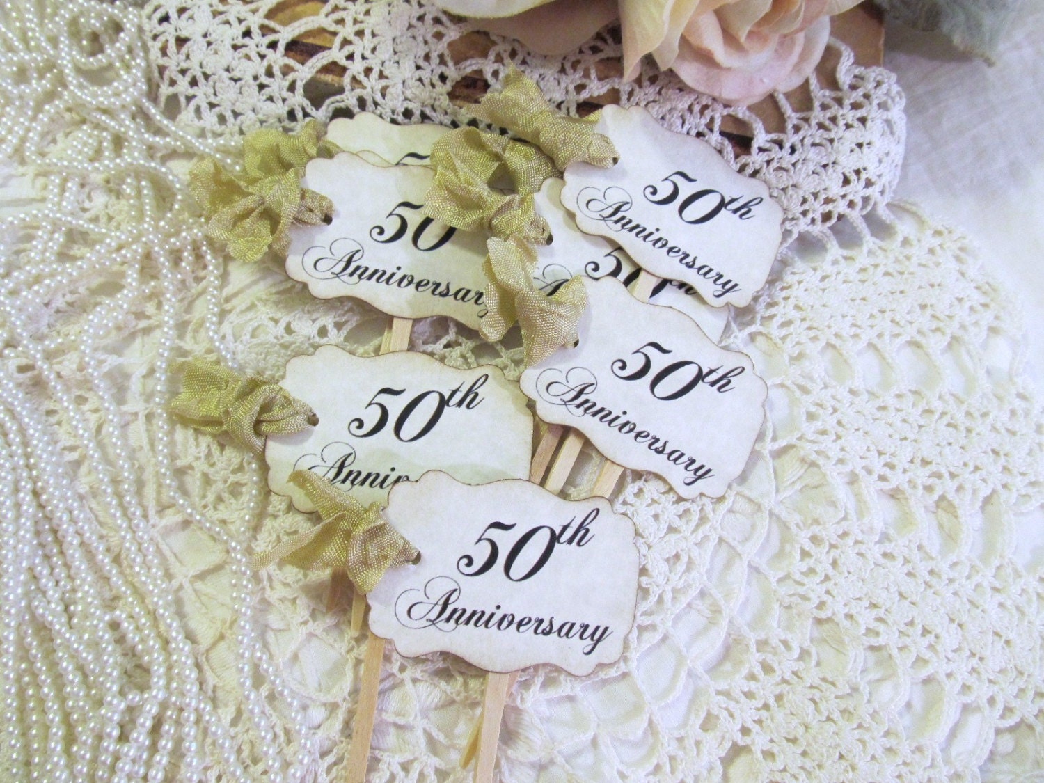 Golden 50th Anniversary Cupcake Toppers Party Picks or Favor