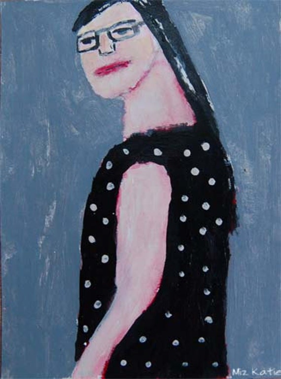 Acrylic portrait painting, Lizzy, Girl, Black Glasses, Black with White Polka Dots Dress, Slate Blue, Original, Watercolor Paper