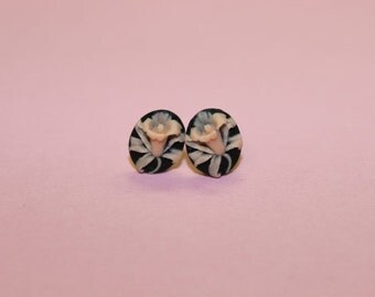 Tiny Pink and Black Wildflower Cameo Earrings