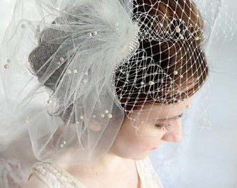 wedding birdcage veil, wedding bird cage veil with pearls, ivory or white tulle veil - JOLICOEUR - bridal hairpiece, small bridal birdcage