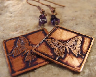 Etched Copper Earrings Butterflies with Amethyst Chips - Free Domestic Shipping