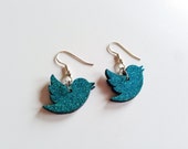 Teal glitter Twitter bird earrings