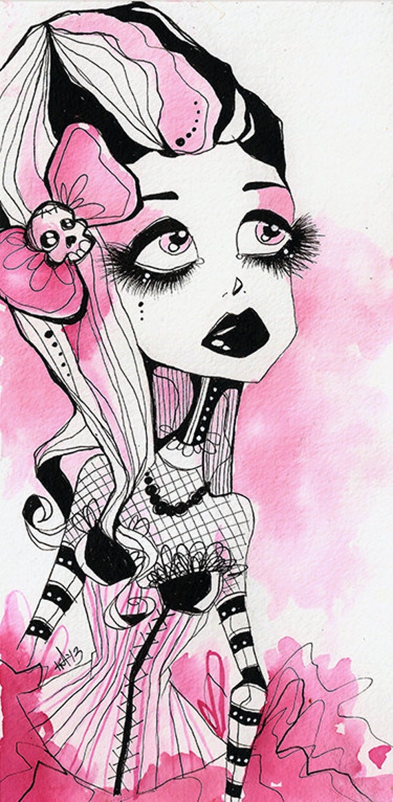 Pink goth girl original watercolor illustration