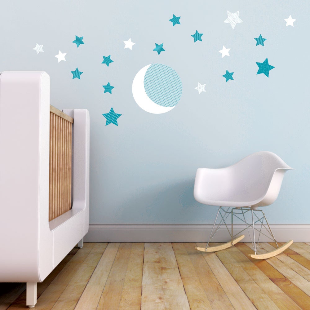 Moon and Stars Kids Wall Decal in Teal and White. Moon and