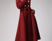 Red wine cashmere coat  winter hooded mantle Military coat (705)