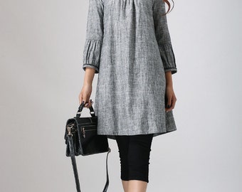 Linen Tunic dress, Grey dress, Mini Dress, Tunic top, womens tops, Fall clothing, shift dress, linen clothing, plus size, ladies tunics 783