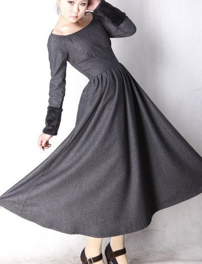 Gray wool dress winter maxi dress MM62