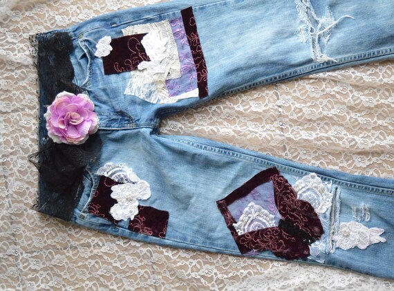 Women's jeans velvet patchwork Boho lace by TrueRebelClothing