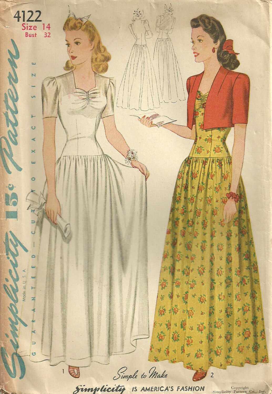 Vintage 40s Sewing Pattern Simplicity 4122 // Gown And Bolero