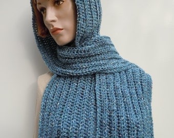Country Blue Pixie Hood - Blue Hooded Scarf - Crochet Hat Scarf