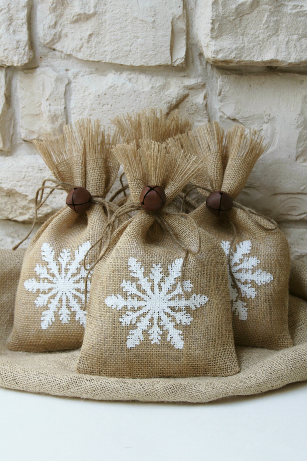 Burlap Gift Bags Set of FOUR Hand Painted Snowflake Shabby