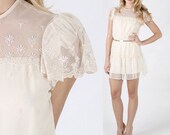 Vintage 70s Sheer embroidered lace draped boho Wedding cocktail party mini dress