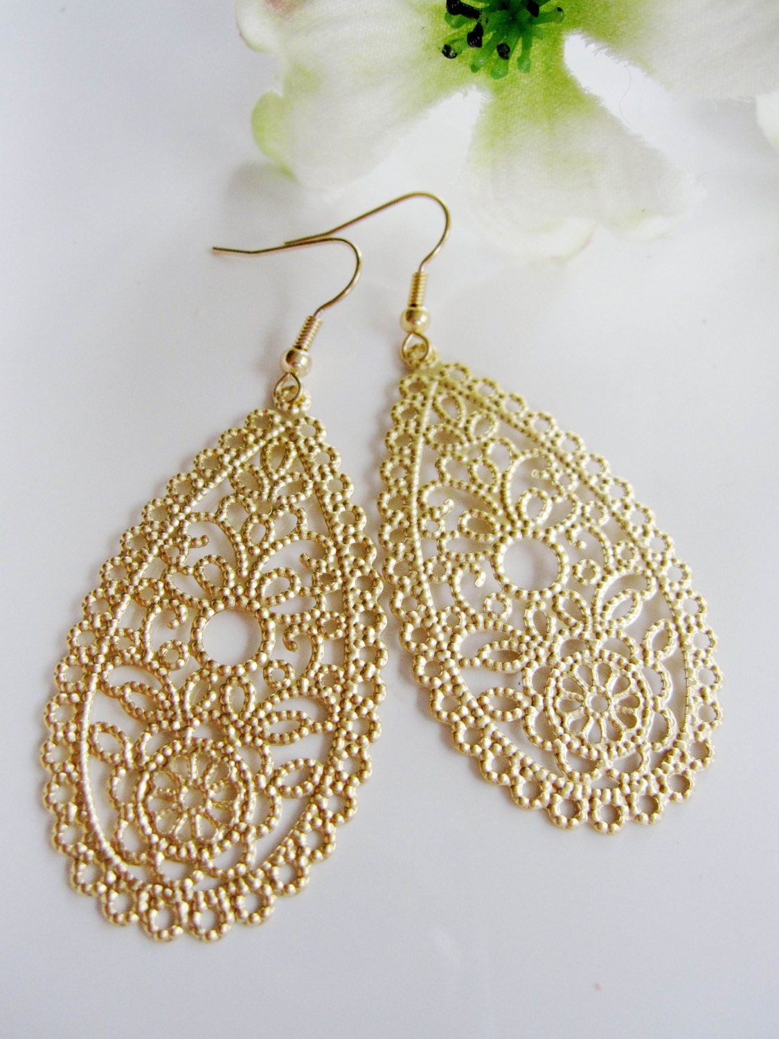 Gold Chandelier Earrings Small Oval Filigree Teardrop