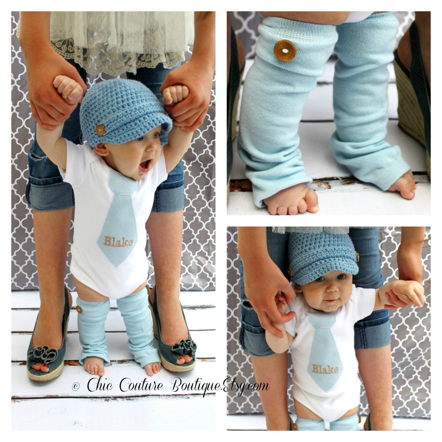 NEW Baby Boy 1st Birthday Outfit. Blue Herringbone