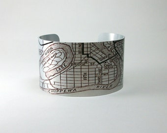 Eau Claire Wisconsin Map Cuff Bracelet Custom City Hometown Gift for Men or Women
