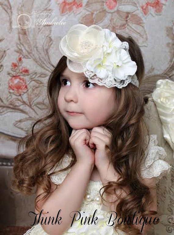 Ivory Baby Headband,Baby Headbands,Flower Girl Headband,Easter Headband,Baptism Headband, Christening headband,Baby Headbands, Headbands.#38 by ThinkPinkBows