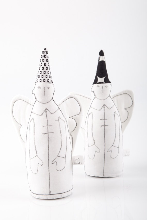 christmas decor, Soft sculpture - Black & White guardian angel with wings wearing retro geometric pointed hats - eco handmade fabric doll