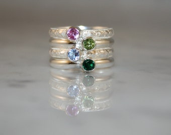 5 Gemstones Birthstone Stacking Ring Set Family