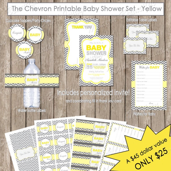 gray shower yellow baby ideas and Invitation Yellow Shower Party Package Chevron Neutral Baby and Grey