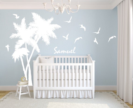 Palm Tree Decal Personalized Name Seagulls Birds Beach Tropical Baby Nursery Vinyl Wall Art