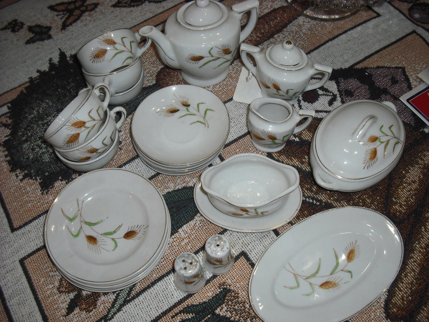 Vintage Childs China Tea Set Toy Dishes Wheat Pattern