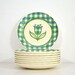 Vintage Royal China Cavalier Ironstone Tulip Time Bread Dinnerware Plates Blue Green Gingham Garden Pattern: Set of 8