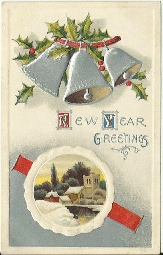 wood jewelry findings Antique Postcard New Year's Greetings | 351 x 548