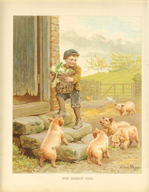 Edwardian 1900s Ernest Nister Antique Childrens Print Young Boy Carrying Basket Of Turnips Into House Piglets Farmyard Vintage Book Plate