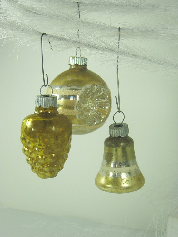 Vintage MERCURY GLASS ORNAMENTS Pale Gold Christmas Tree Set/3