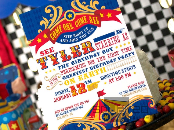 Circus Birthday Party Printable Birthday Party Invitation - DIY Print - Primary Colors - Vintage Carnival Il_570xn