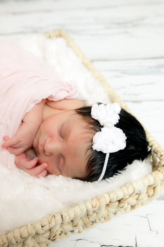 White Newborn Headband Rose Bow Baby Headband Mini Petite