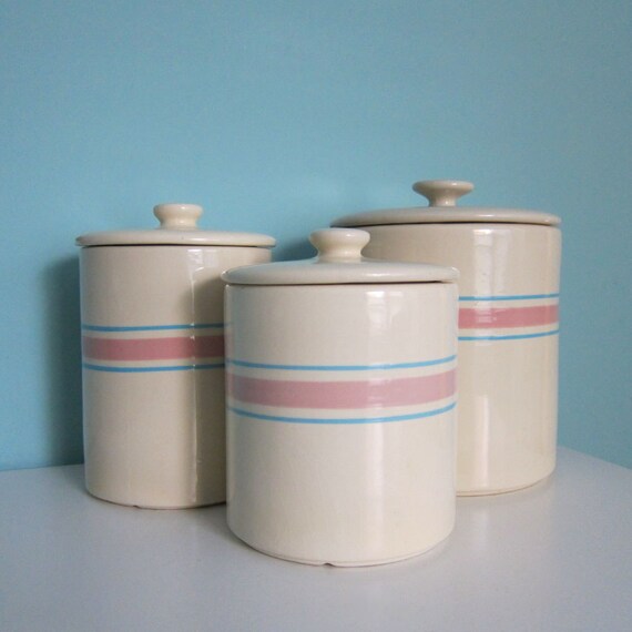 McCoy Kitchen Canister Set McCoy Stonecraft Pink & Blue