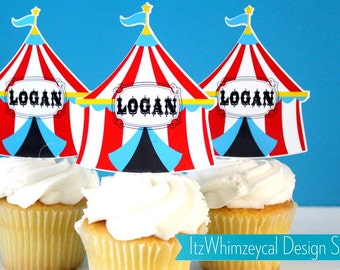 Personalized Circus Carnival Tent Die Cut Cupcake Topper (One Dozen)