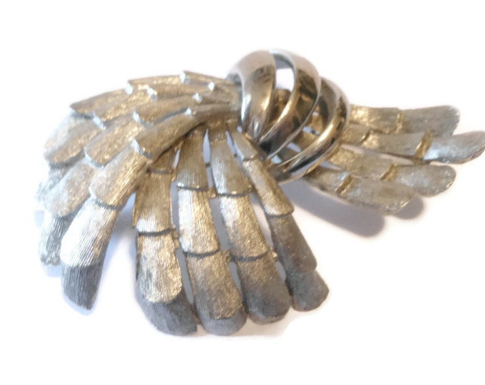FREE SHIPPING Large BSK signed brushed textured layered brooch silver plate.