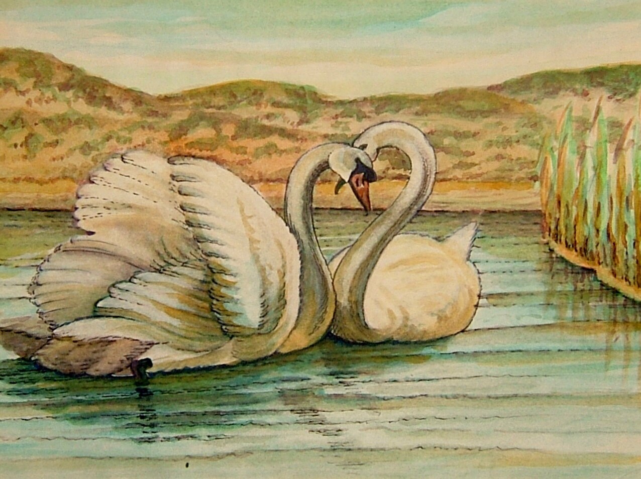 Painting of Two Swans Swimming on a River Vintage Art