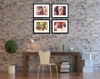 Kitchen Art - Food Photography - Wine - Vineyard - Set of Four (4) Wine Photos - Fine Art Photography Prints - Brown Green Gold Home Decor