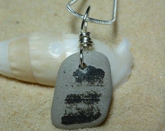 Black and grey beach pottery shard necklace with sterling silver chain