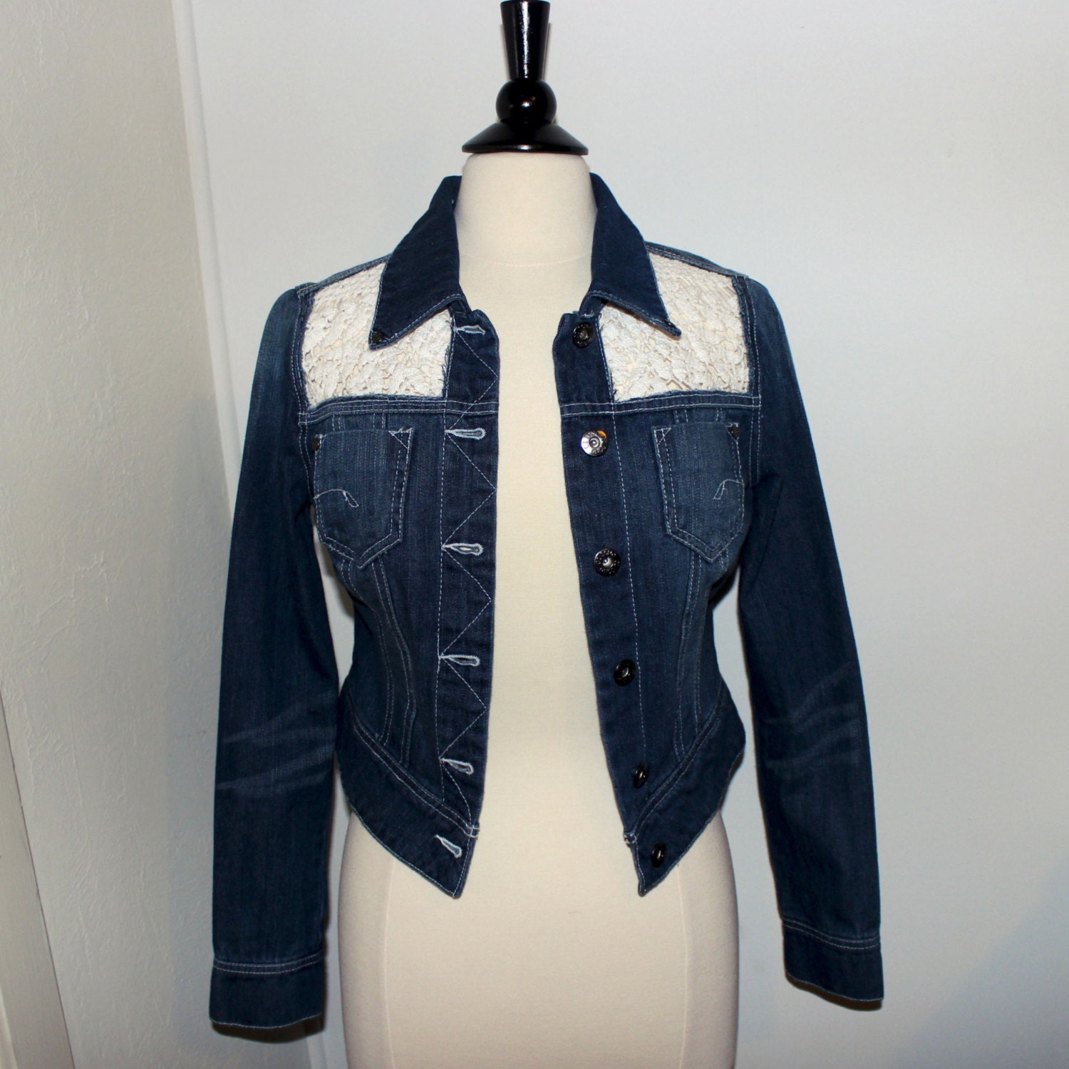 Upcycled Jean Jacket with Crochet Lace Inserts Cut-out Panels