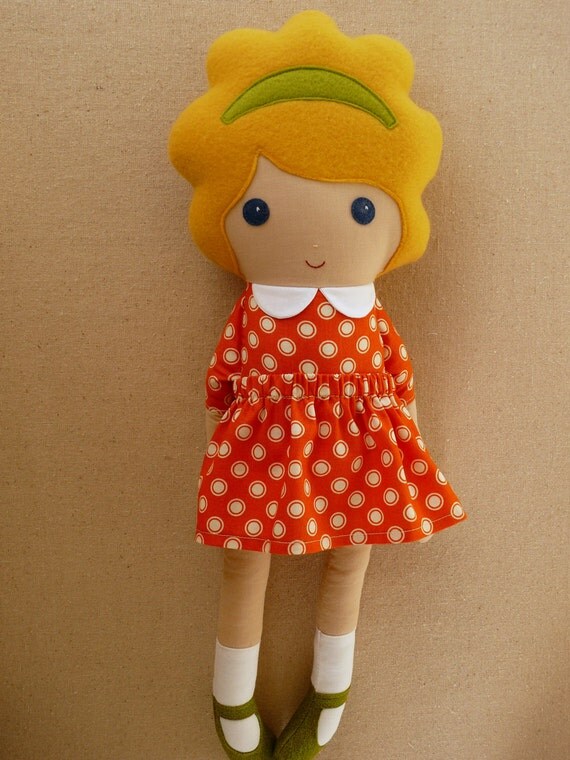 Fabric Doll Rag Doll Blond Haired Girl In Orange Polka Dotted